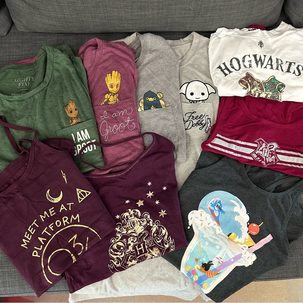 SOLD 11 Box Lunch Pocket Tees & Tanks Harry Potter Groot Stitch Sz Small